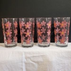 Rare Set of 4 Vintage MCM Flower Clear Heavy Glass Tumblers Drinkware